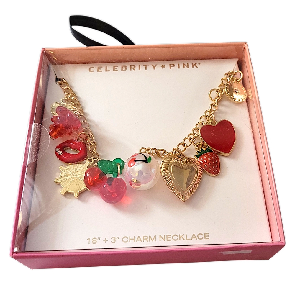 Celebrity Pink Gold and Red Multi Charm Necklace 18" + 3" Charms